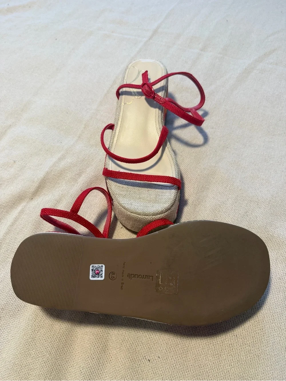 Larroude NWOT Red Strappy Floral Embroidered Wedge Sandals